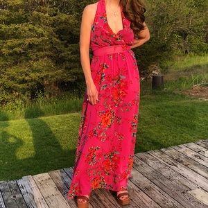 Express Pink Floral Halter Evening Dress